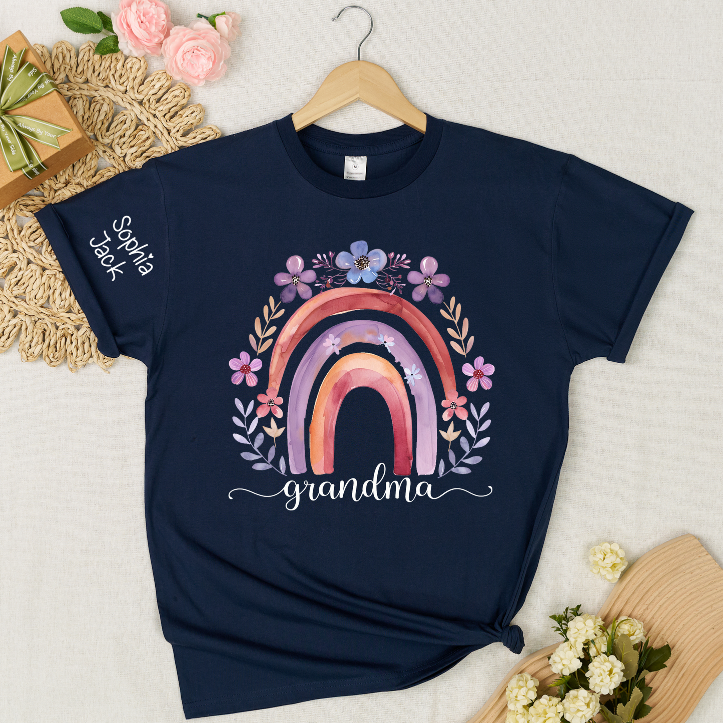 Personalized Rainbow Shirt Watercolor Floral Design Custom Grandma Nana Mimi Gigi Name Tee with Grandkids Names Family Gift for Her
