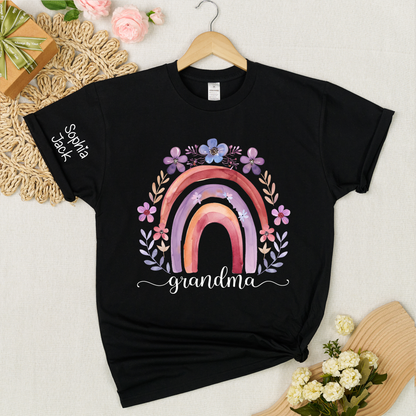 Personalized Rainbow Shirt Watercolor Floral Design Custom Grandma Nana Mimi Gigi Name Tee with Grandkids Names Family Gift for Her