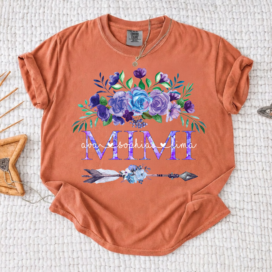 Comfort Colors Personalized Mimi T-shirt with Custom Names, Floral and Arrow Design, Customizable Gift for Mimi
