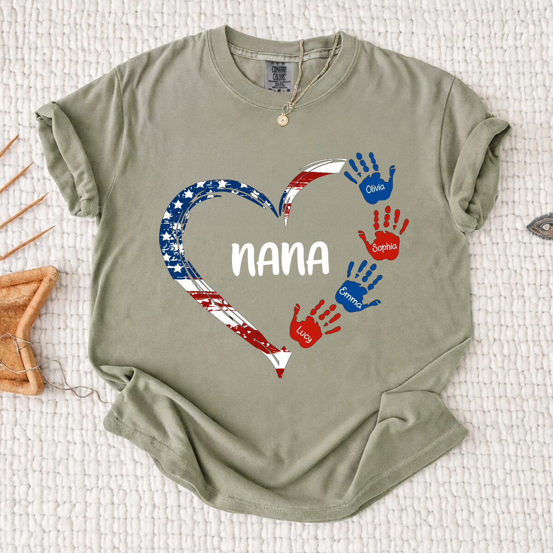 Comfort Color Personalized Nana Shirt Patriotic Heart Handprint Design Custom Grandma Mimi Gigi Name Tee with Grandkids Names Family 4th of July Outfit