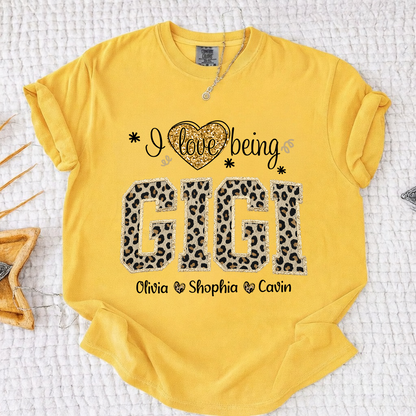 Comfort Colors Personalized I Love Being Gigi Shirt - Leopard Print Custom Grandkids Names Tee