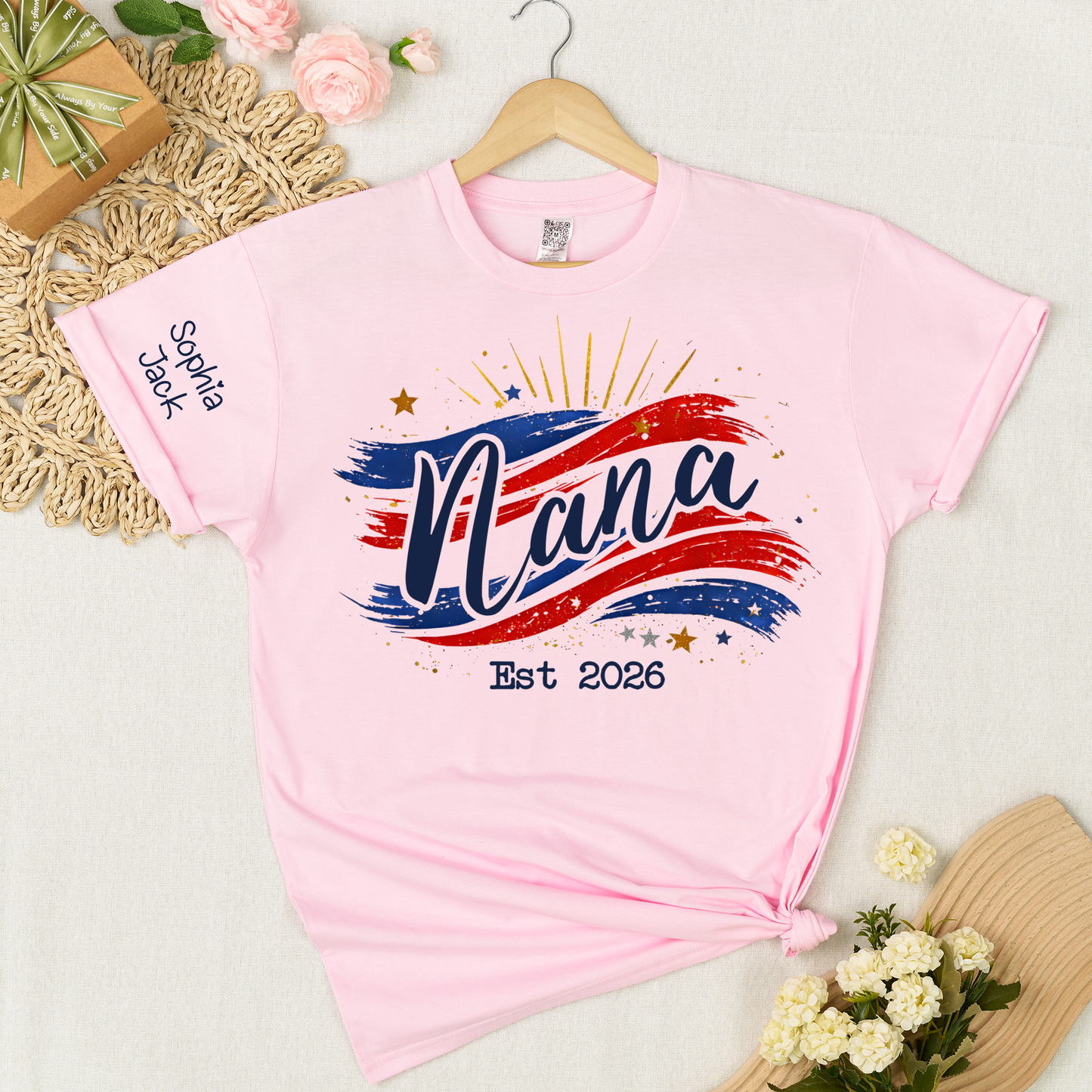 Promoted to Nana Est 2026 Shirt, Personalized Patriotic Nana T-Shirt with Grandkids Names on Sleeve, American Flag Brush Stroke Custom Grandma Tee