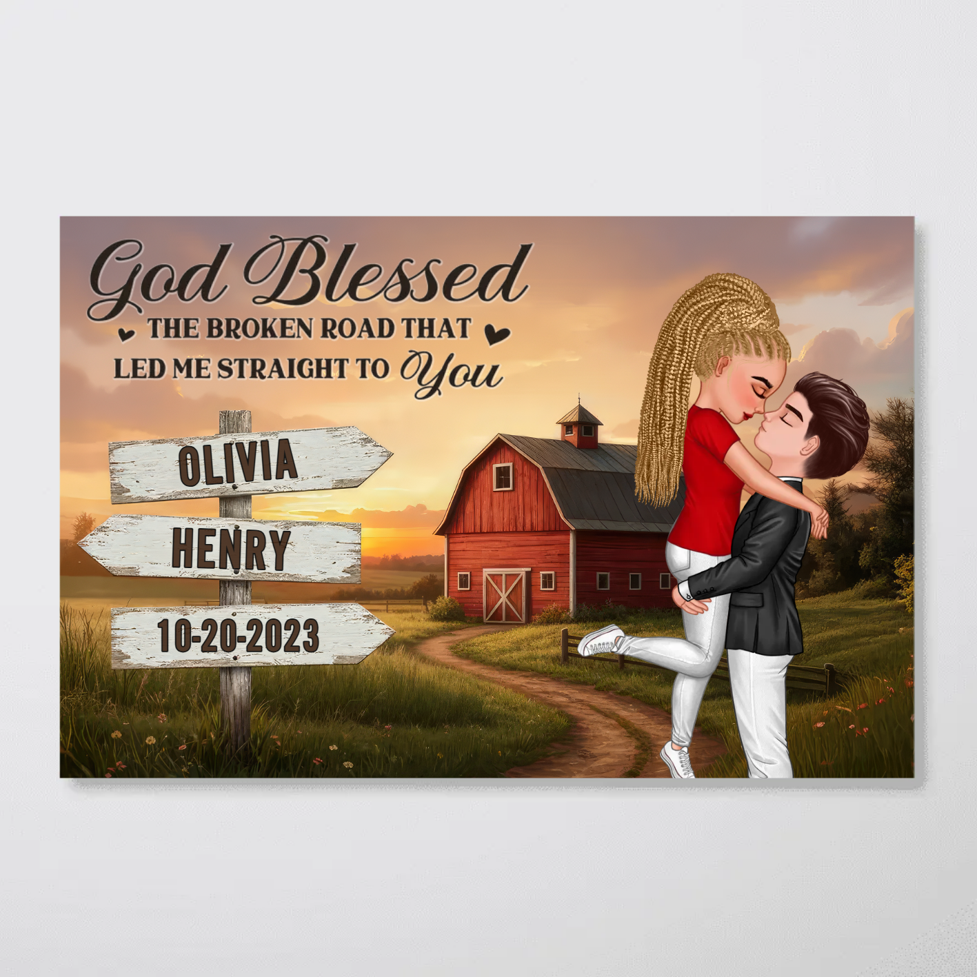 Custom Rustic Red Barn Couple Hugging Kissing, Nostalgia Poster Farmhouse Decor, Valentine Anniversary Gift
