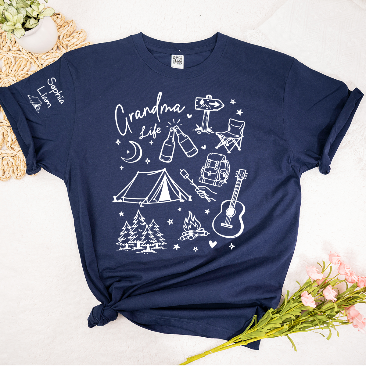 Custom Grandma Life Shirt, Camping Gear and Adventure Icons, Personalized with Name, Outdoor Fun T Shirt for Grandma