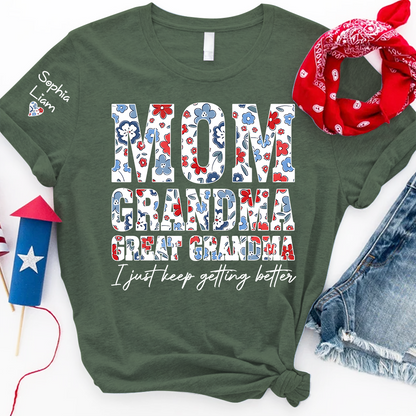 Mom Grandma Great Grandma Shirt, Patriotic Floral Tee with Custom Names, Gift for Mom Grandma Great Grandma Family Shirt