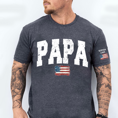 Personalized American Flag Printed Papa T-Shirt, With Custom Grandpa And Kids