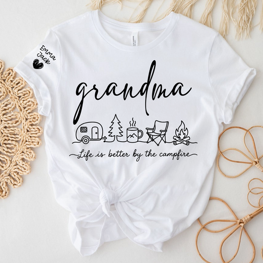 Grandma Camping Shirt, Life Is Better By The Campfire Tee, Personalized Grandkids Names Sleeve Shirt, Camping Gift for Grandma