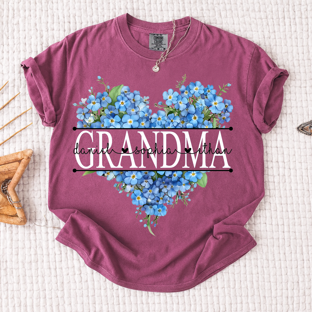 Comfort Mimi Blue Floral Shirt with Custom Grandchildren Names, Heart Family Tee