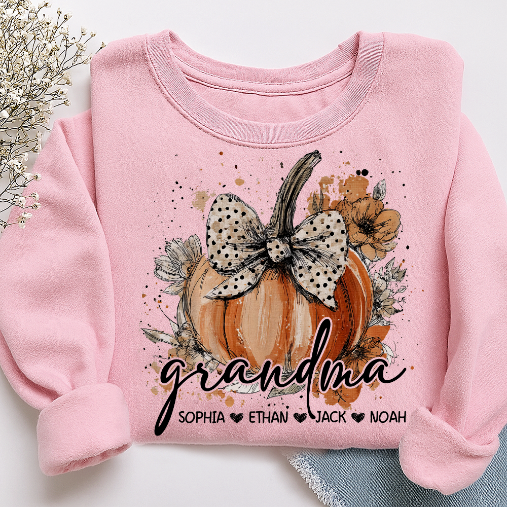 Custom Grandma Pumpkin Shirt, Cozy Autumn Sweatshirt with Kids Names