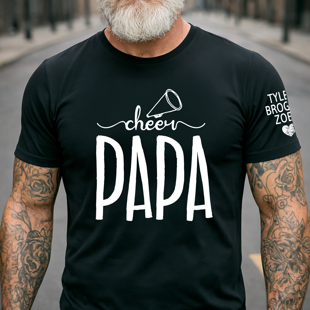 Custom Cheer Papa Tee, Personalized Dad's Cheer T-Shirt with Kid's Names