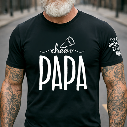 Custom Cheer Papa Tee, Personalized Dad's Cheer T-Shirt with Kid's Names