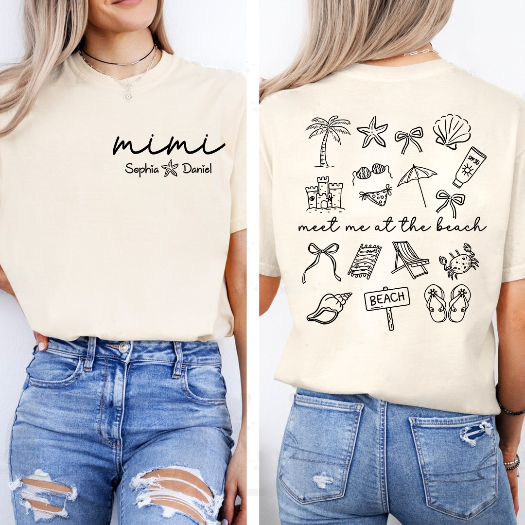Personalized Mimi Beach Shirt with Grandkids Names, Meet Me at the Beach Back Print Tee, Custom Coastal Summer Gift for Grandma