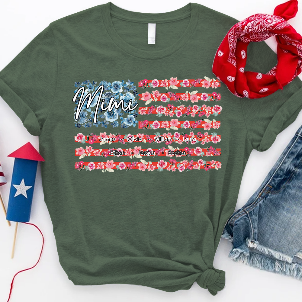 Personalized Mimi Shirt with Floral American Flag, Custom Grandkids Names T Shirt, Patriotic Gift for Mimi