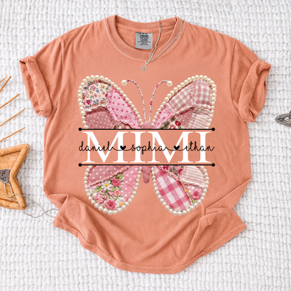 Comfort Personalized Mimi Shirt with Grandkids Names, Pink Butterfly Patchwork Design Family Tee