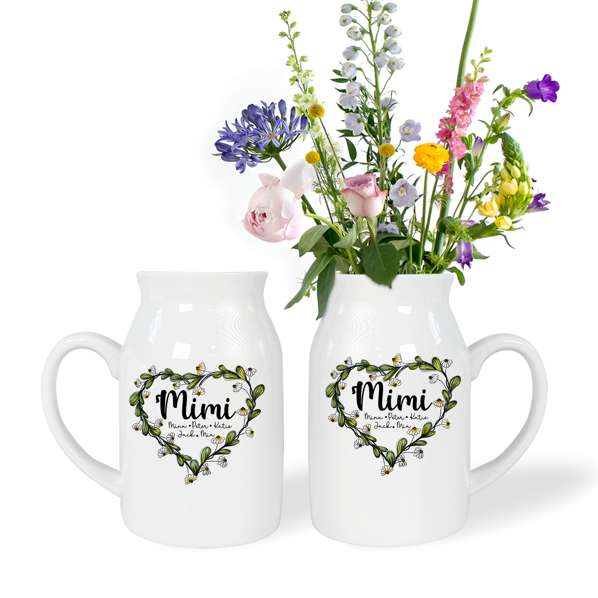 Heart Daisy Mimi Wildflowers And Children - Custom Home Decoration Flower Vase According To Family Requirements - Warm Gift For Mother's Day, Ceramic Flower Vase