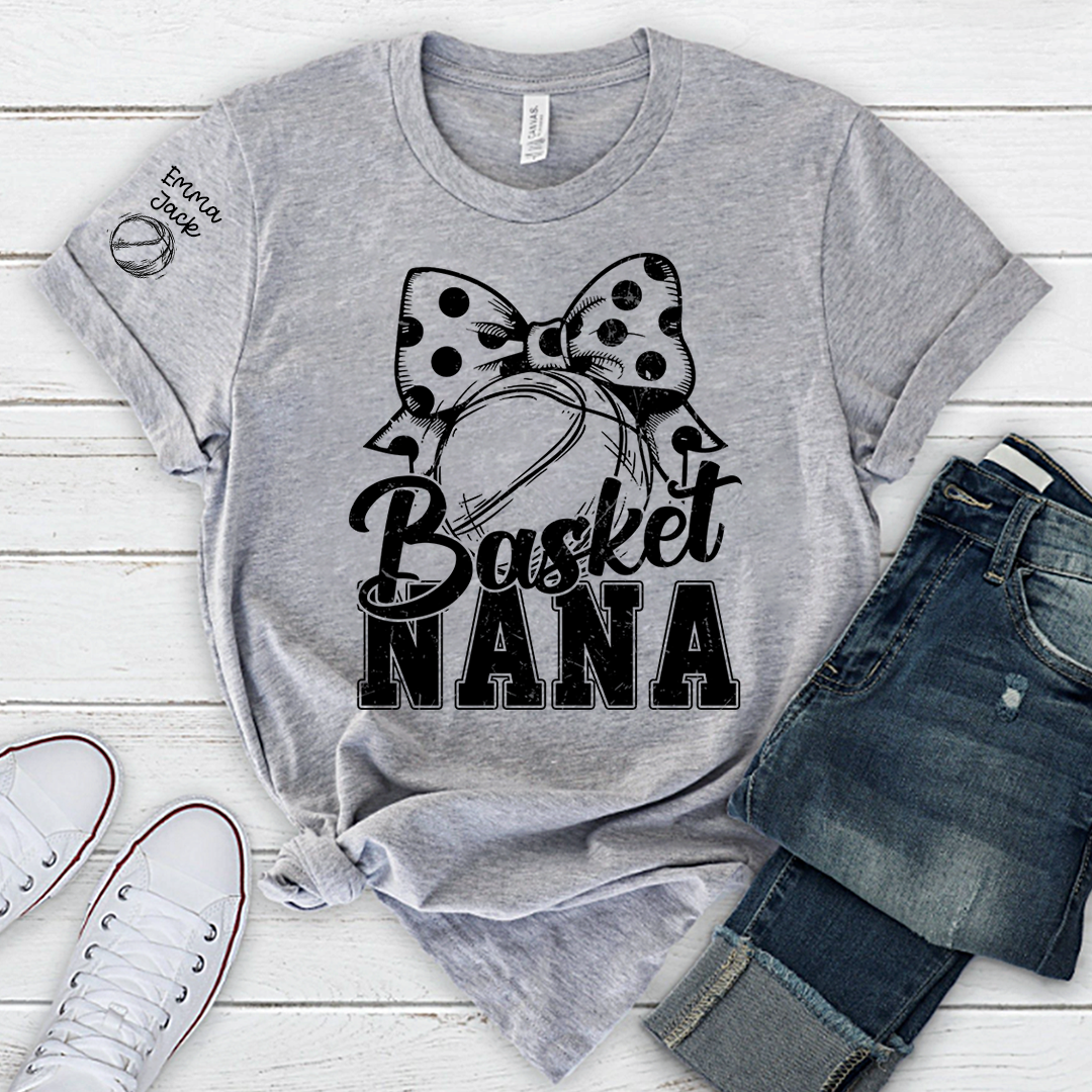 Black And White T-shirt With Basketball Print, Mimi Style, Can Be Printed With Grandchildren's Names, Suitable As A Gift For Grandma
