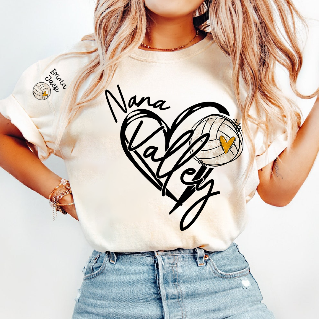 Personalized Nana Volleyball T Shirt, Custom Names with Heart and Volleyball Graphic
