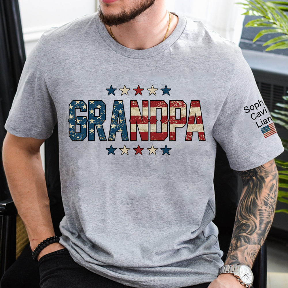 Grandpa Patriotic Shirt, Personalized Grandpa T-Shirt with American Flag Design and Custom Names