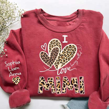 I Love Mimi Sweatshirt with Leopard Heart Design, Personalized Family Crewneck for Valentine