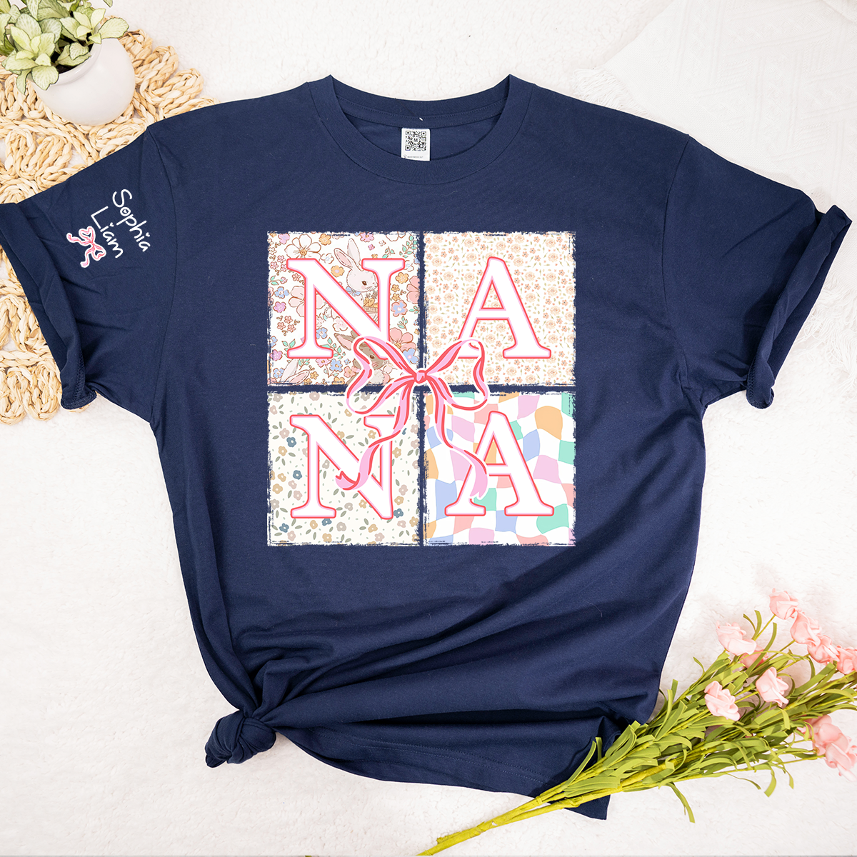 Personalized Nana Easter Shirt, Custom Grandma Shirt With Grandkids Names, Floral Bunny Patchwork Design