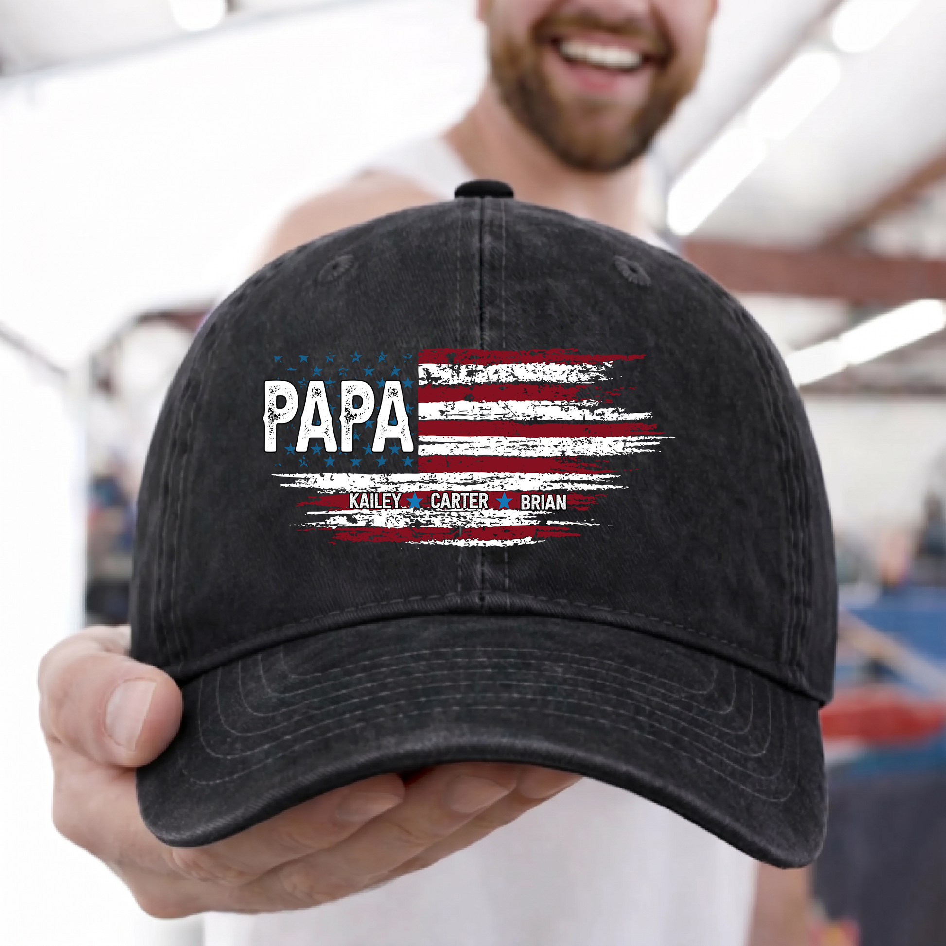 Father Day Shirt, Papa Ands Grandkids Flag American Personalized Custom Vintage Washed Denim Cap