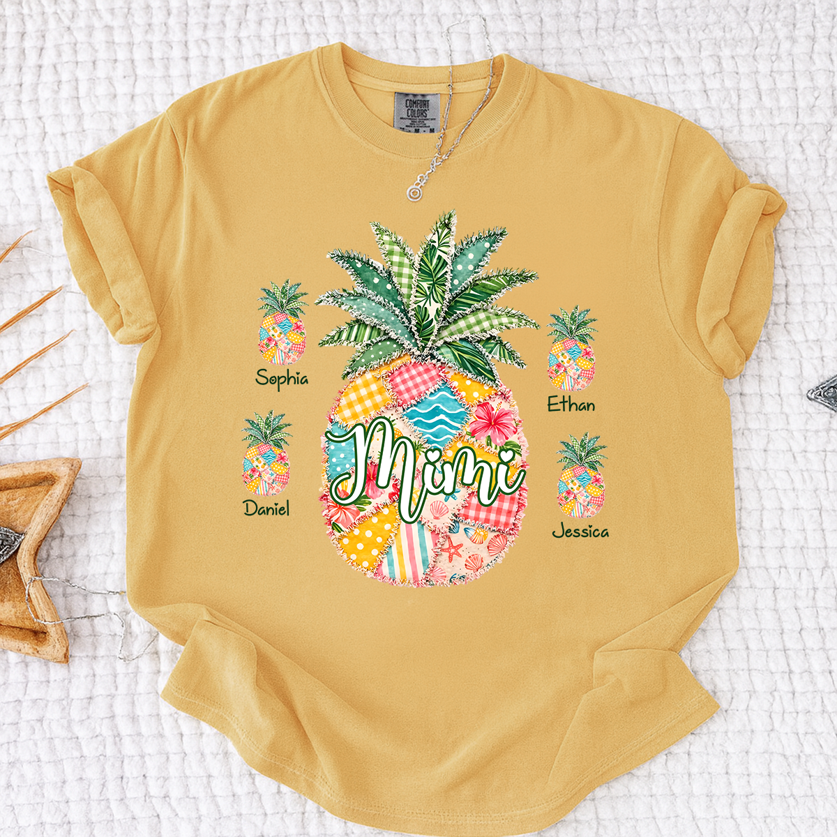Comfort Colors Personalized Mimi Pineapple Shirt with Grandkids Names, Custom Grandma Tropical T Shirt for Women, Summer Beach Family Gift