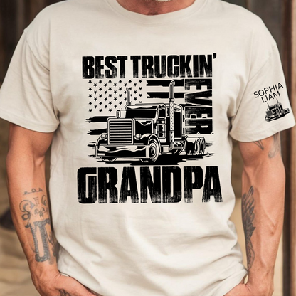 Personalized Best Truckin' Grandpa Ever, 4th July Independence Day American Flag T-Shirt For Gift Grandpa And Kids