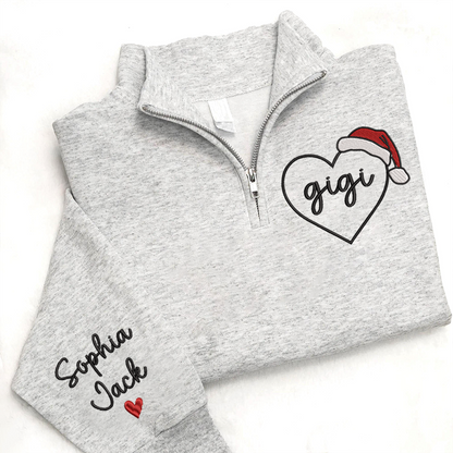 Custom Gigi Heart Zip Sweatshirt With Santa Hat – Personalized Christmas Gift For Grandma Or Gigi