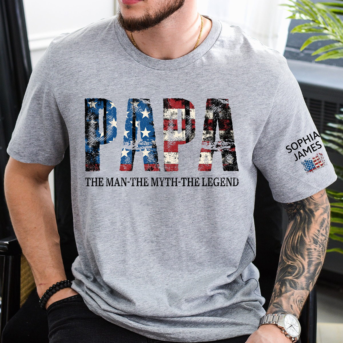 Papa The Man The Myth The Legend Tee, Custom Papa Shirt with Kids Names, USA Flag Design, Meaningful Gift for Father Grandpa
