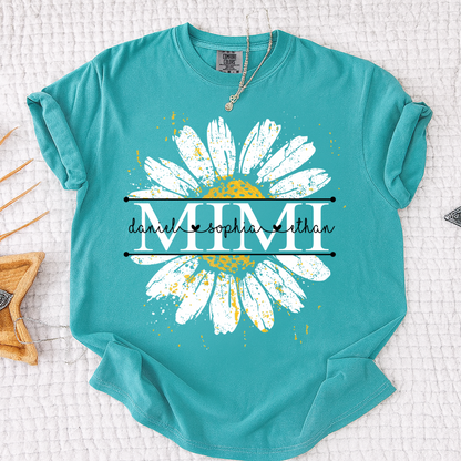 Comfort Personalized Mimi Shirt with Grandkids Names, Daisy Flower Graphic Family T Shirt