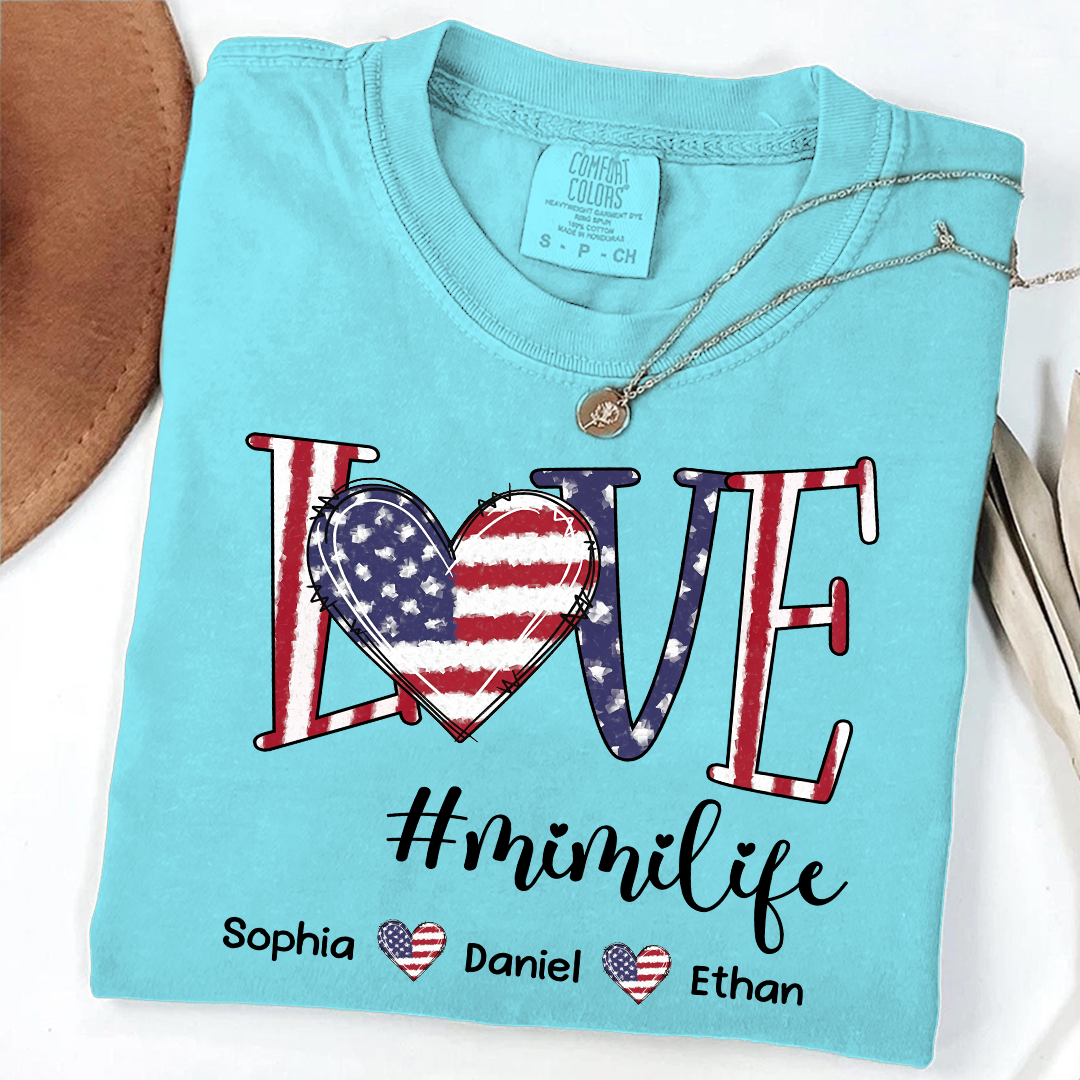 Comfort Colors Custom Mimi T Shirt with Grandkids Names USA Flag Love Graphic Mimi Life Shirt Personalized Grandma Apparel Family Gift