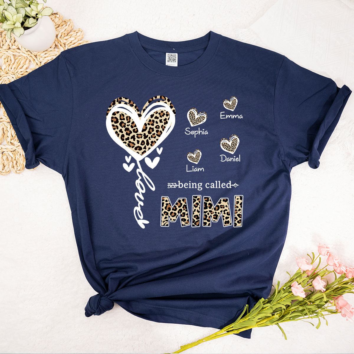 Personalized Mimi Grandma Shirt with Grandkids Names, Leopard Heart Being Called Mimi T-Shirt