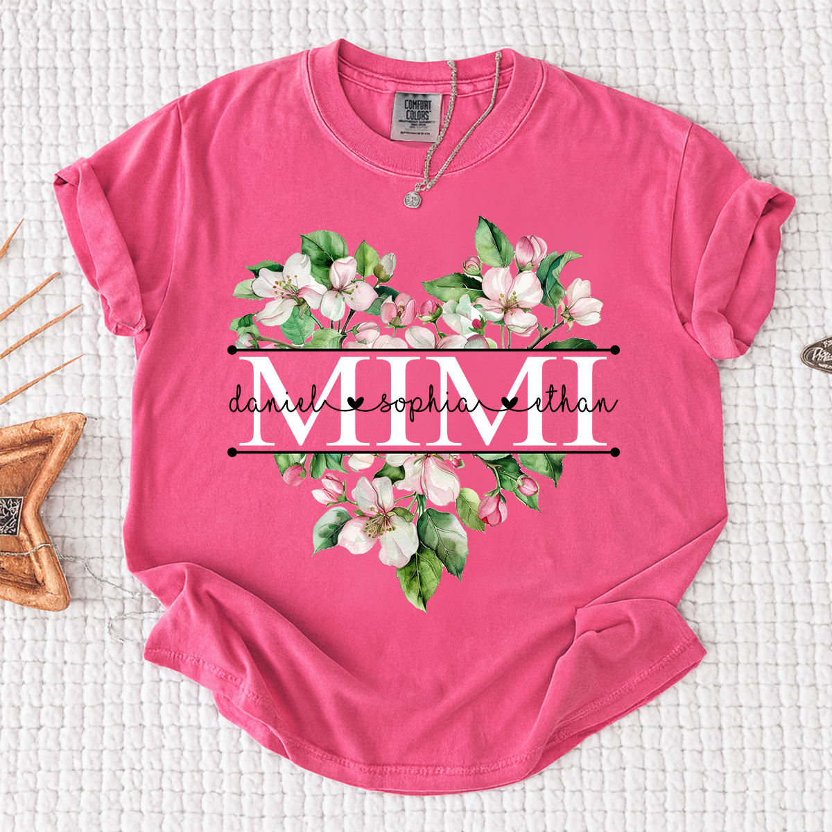 Comfort Personalized Mimi Flower Heart Shirt, Custom Names Family Gift T Shirt