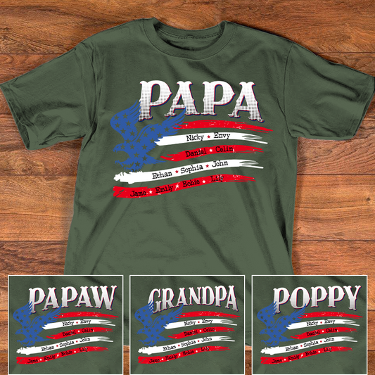 Personalized Papa Shirt with American Flag Eagle, Custom Family Names, Patriotic Gift for Papa