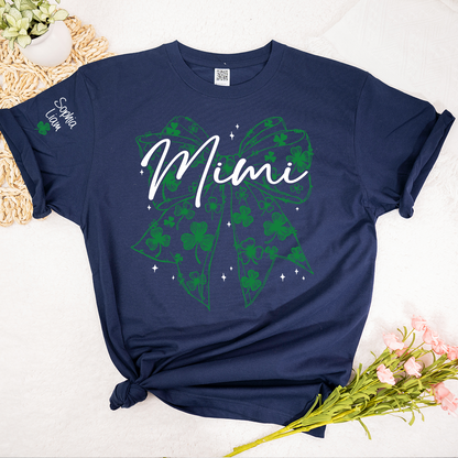 Mimi Clover Shirt Personalized with Grandkids Names, St Patrick’s Day Grandma Gift, Shamrock Bow Family T-Shirt