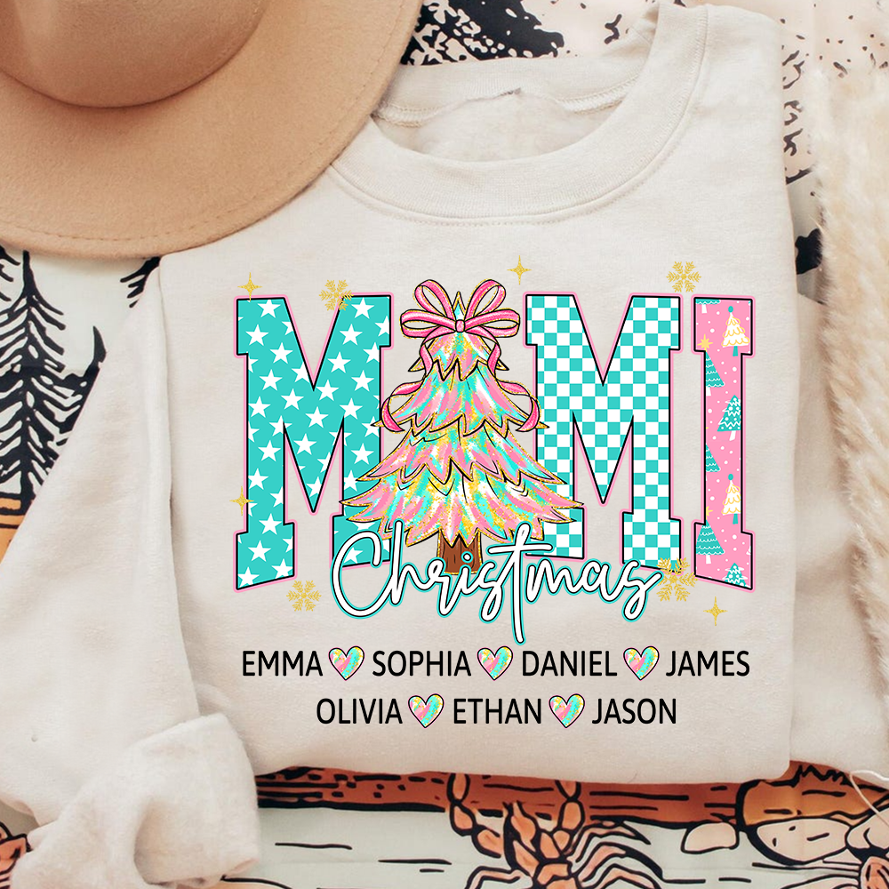 Christmas Tree Mimi Sweatshirt, Custom Family Name for Grandma And Kids