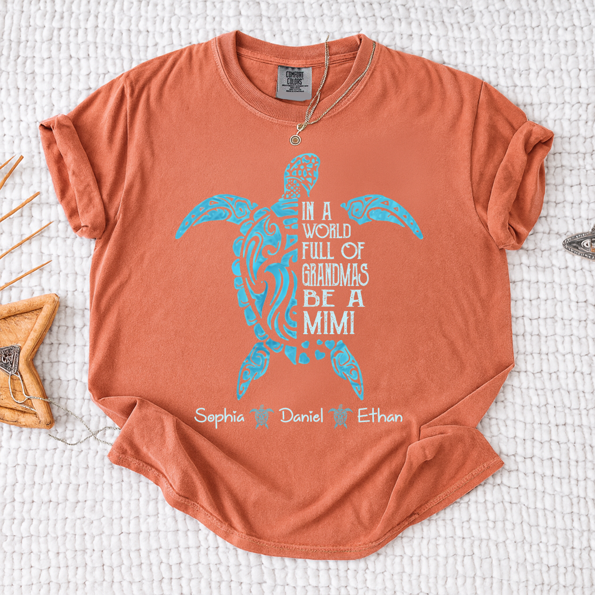 Comfort Colors In A World Full Of Grandmas Be A Mimi Shirt – Personalized Sea Turtle Graphic Tee, Custom Kids Names Gift for Mimi
