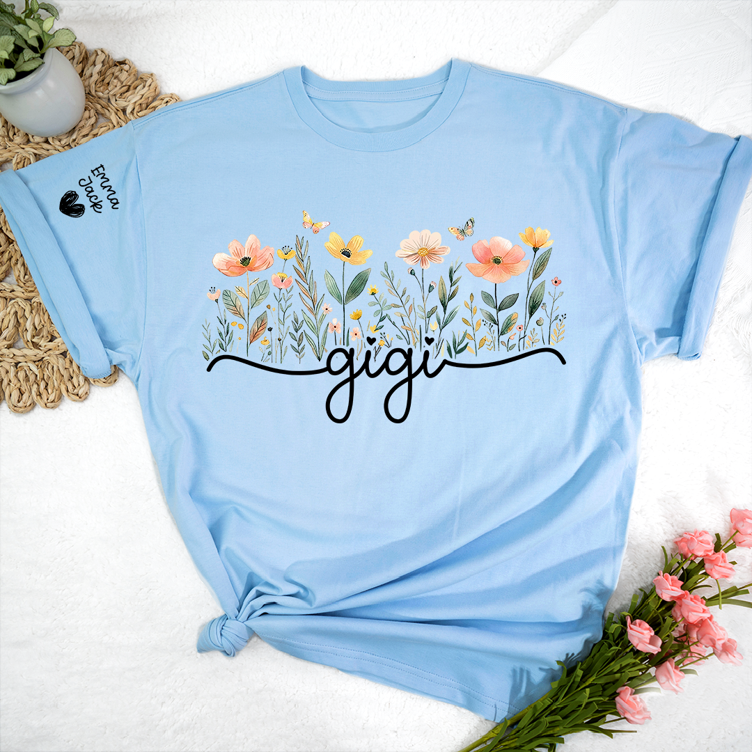 Gigi Floral Shirt, Personalized Grandma Tee with Family Names, Flower Garden Graphic T Shirt, Gift for Gigi from Grandchildren