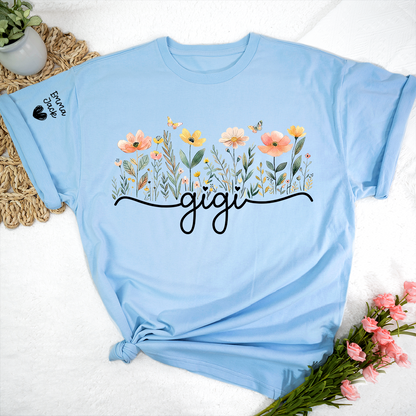 Gigi Floral Shirt, Personalized Grandma Tee with Family Names, Flower Garden Graphic T Shirt, Gift for Gigi from Grandchildren