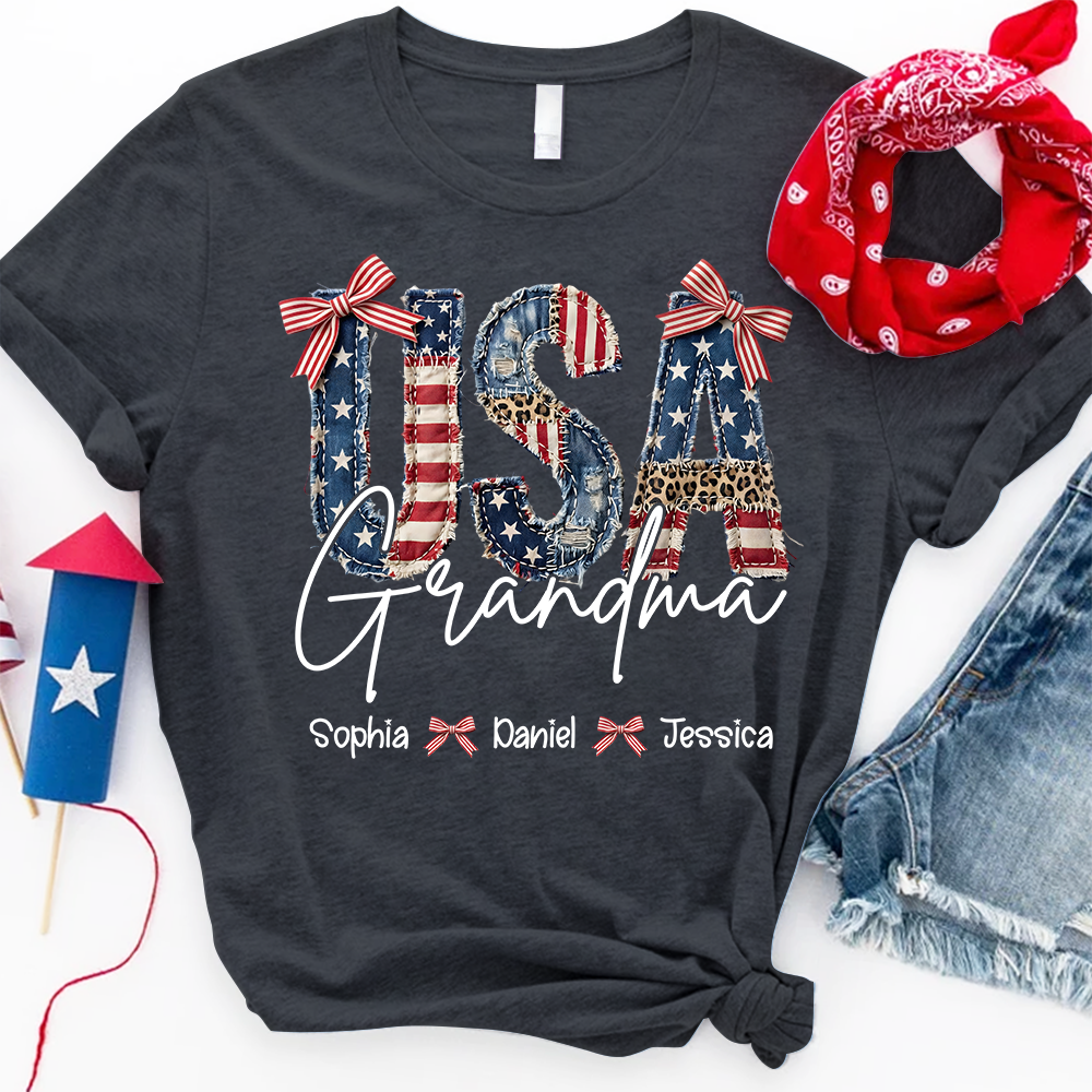 Custom Grandma T Shirt with Grandchildren Names Vintage USA Flag Patchwork Shirt Personalized Grandma Gift for Mom