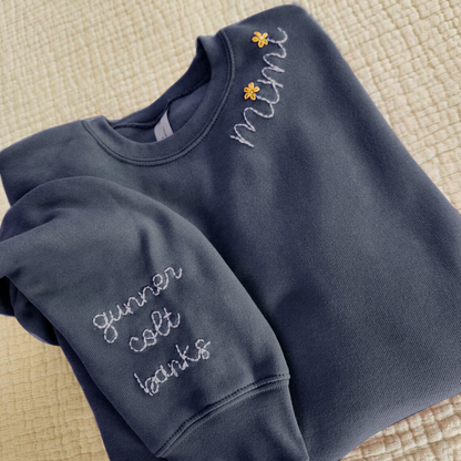 Custom Hand Embroidered Mimi With Grandkids Name On Sleeve Sweatshirt, Mother's Day Gift For Mom Mimi Grandma Nana Gigi Gaga