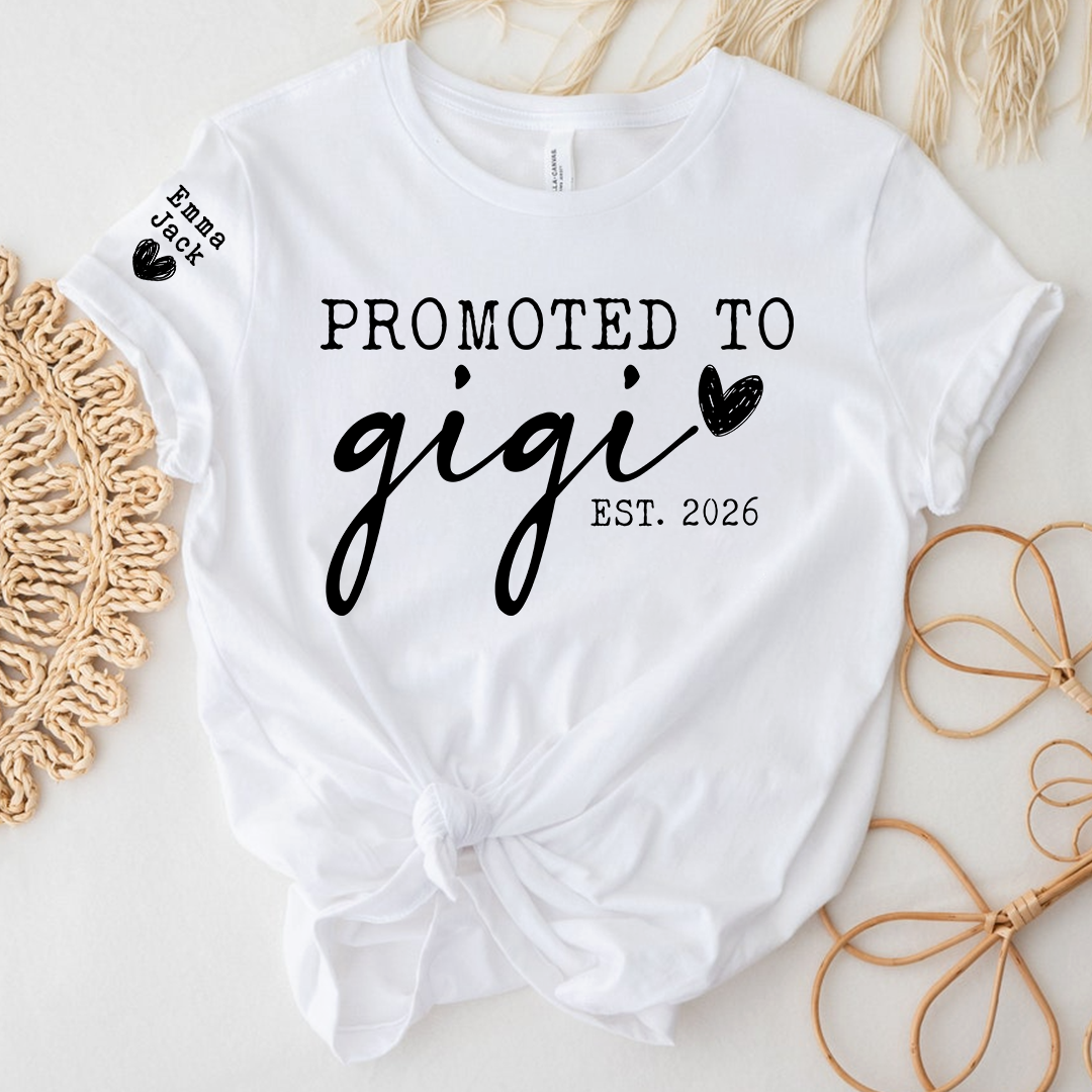 Promoted To Gigi Est 2026 Shirt, Personalized Grandkids Names Sleeve Tee, New Gigi Gift, First Time Grandma Announcement Shirt