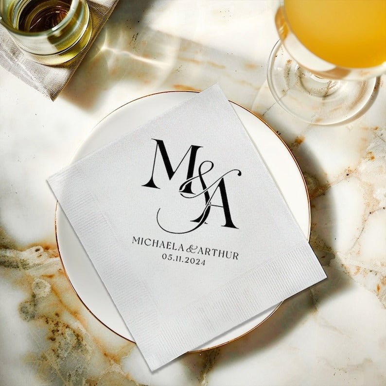 Monogram Initial Cocktail Napkins | Wedding Cocktail Napkin | Rehearsal Dinner Napkins, Minimalist Wedding Decor | Wedding Reception Napkins
