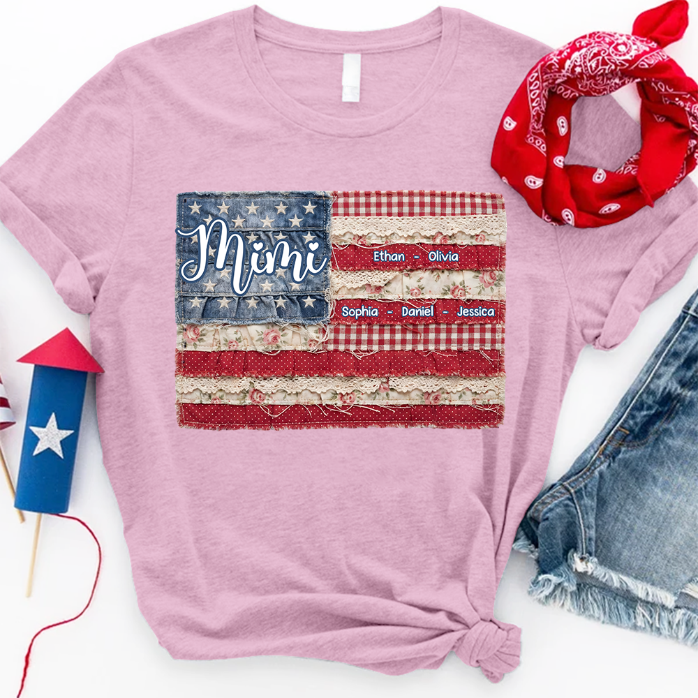 Personalized Mimi Shirt with Kids Names Patriotic American Flag Patchwork Design Custom Gift for Mom Grandma