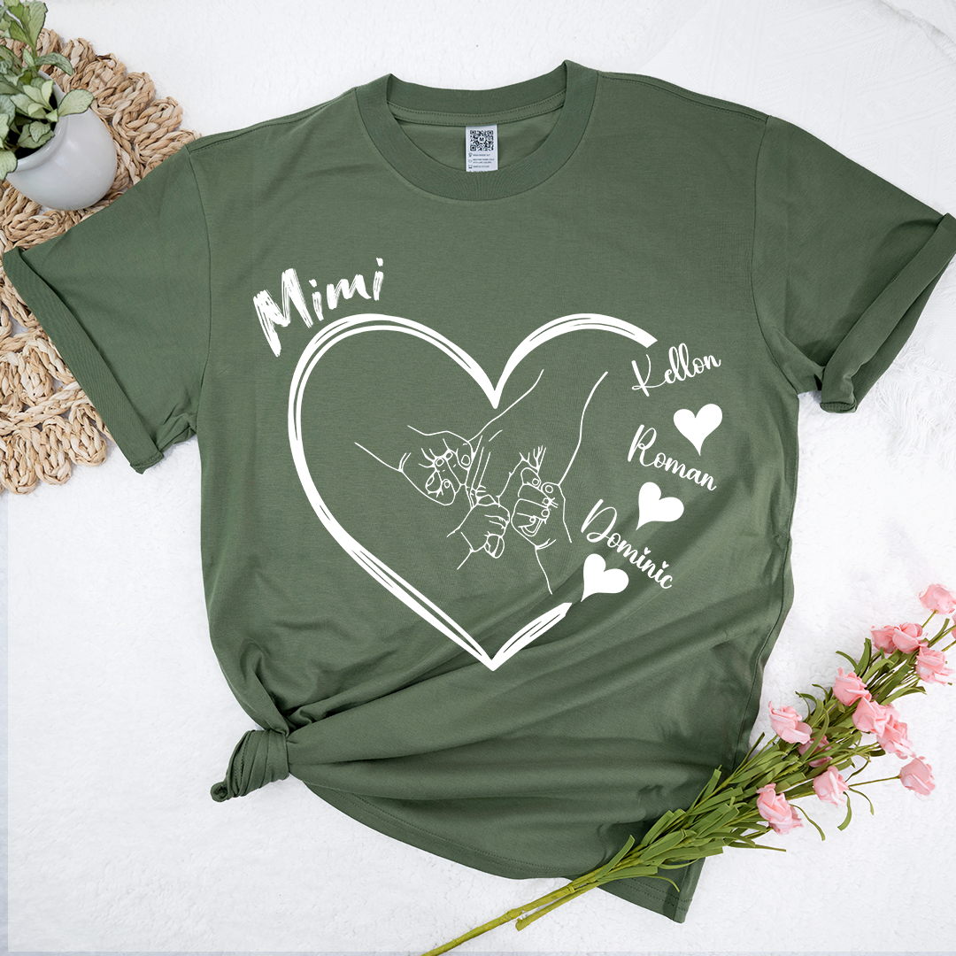 Personalized Mimi Shirt with Grandkids Names, Hands Holding Heart Graphic Family Tee