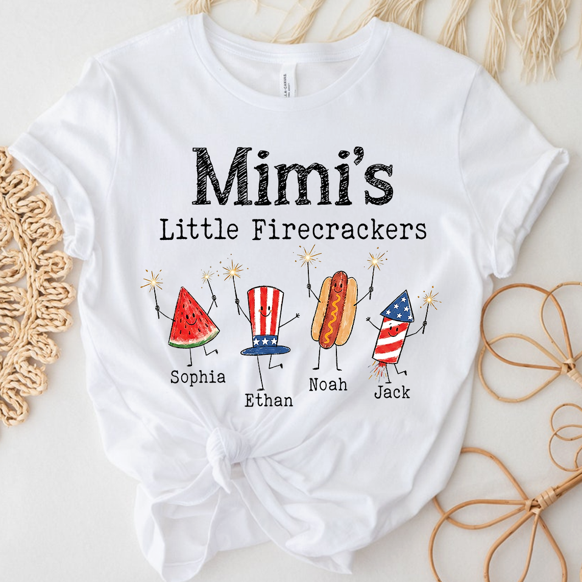 Personalized Mimi's Little Firecrackers Shirt, Custom Grandma Tee with Grandkids Names, Patriotic 4th of July Family Shirt for Mimi