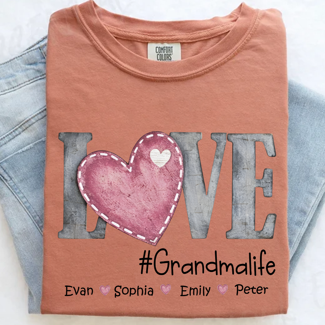 Comfort Colors®'s Personalized Grandma Life T Shirt With Kids Names, Love Heart Graphic Shirt for Nana Mimi Gigi Grandma, Custom Family Name Tee, Soft Casual Everyday Wear