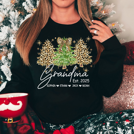 Personalized Grandma Sweatshirt, Christmas Tree Design Holiday Gift for Grandma