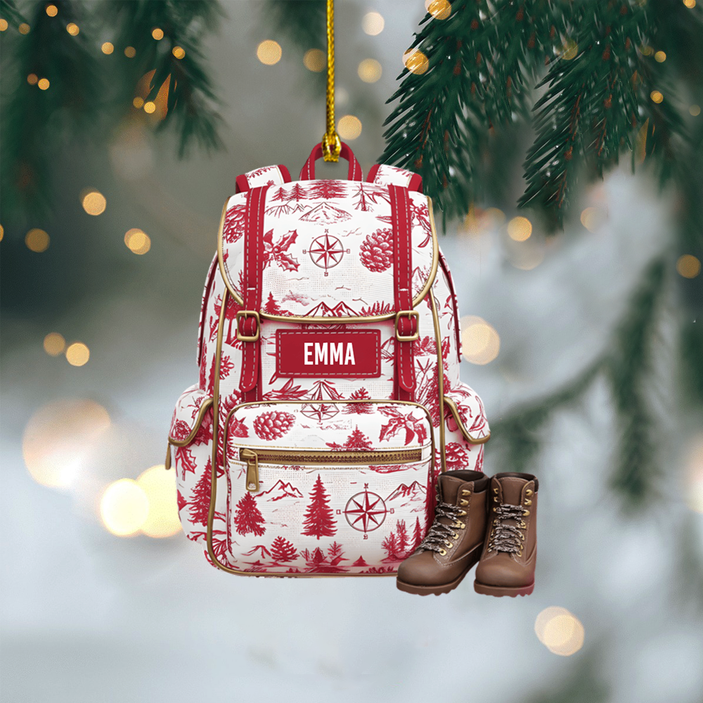 Personalized Backpack Ornament with Hiking Boots – Custom Name Christmas Gift for Campers & Outdoor Lovers Ornament