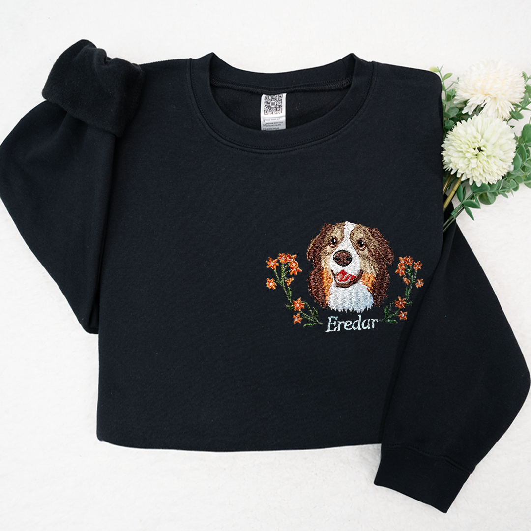 Custom Dog Portrait Embroidered Sweatshirt, Personalized Pet Face and Pet name Sweatshirt
